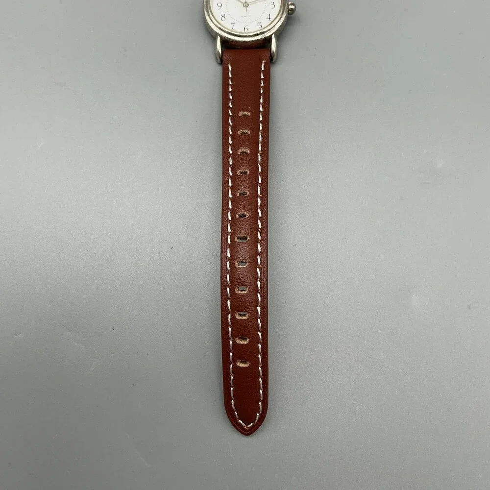 Vintage Guess Womens Watch 25mm Silver Tone White Dial Brown Leather New Battery
